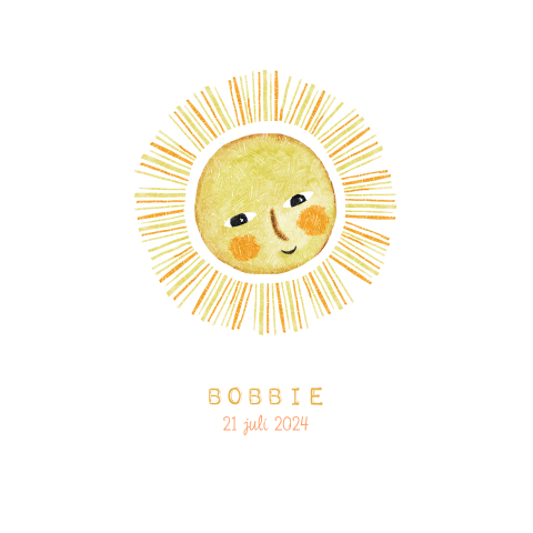 Eenvoudig en zomers geboortekaartje met een zonnetje met een gezichtje