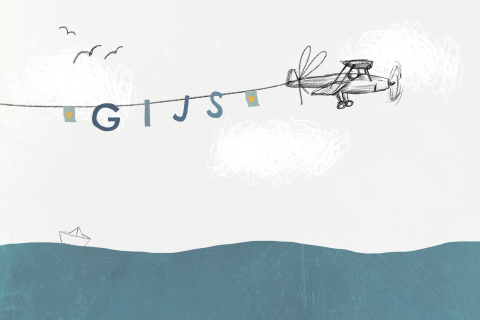 Geboortekaartje met vliegtuig met na en de zee met vintage achtergrond
