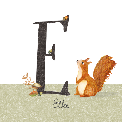 Grappig geboortekaartje met initiaal E van eekhoorn en eikel